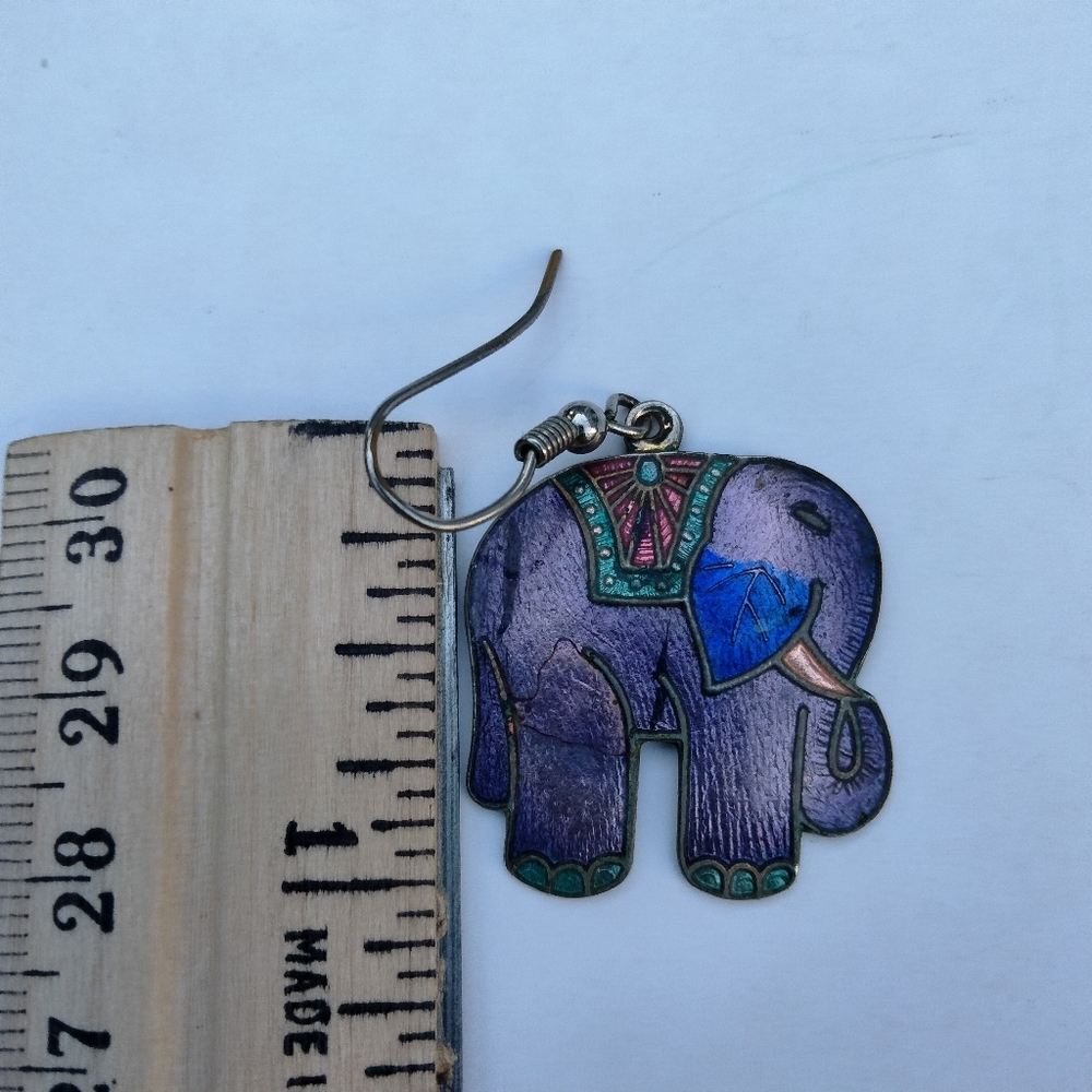 Vintage Cloisonne Enamel Purple Lucky Elephant Dangle Earrings - Picture 6 of 8